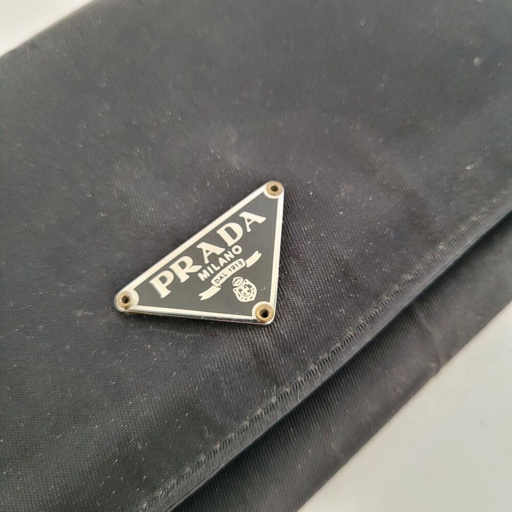 PRADA Vintage Tessuto Nero Black Nylon Leather Logo Plate Wallet Large Envelope - Picture 4 of 12